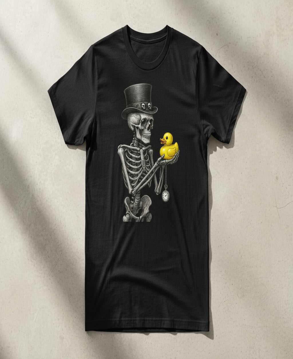 Skeleton Top Hat Graphic Tee – Quirky Gothic Duck Art Unisex T-Shirt