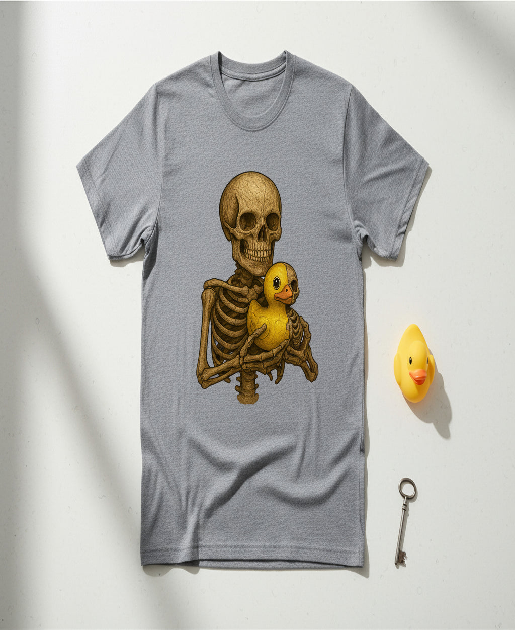 Skeleton with Half-Skeleton Rubber Duck Graphic Tee – Dark Humor Unisex T-Shirt