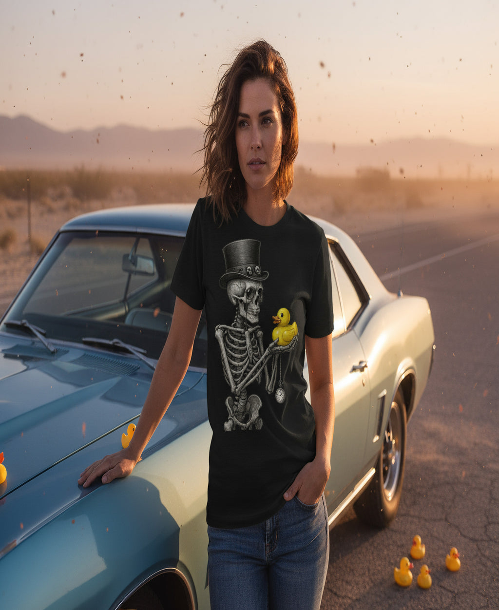 Skeleton Top Hat Graphic Tee – Quirky Gothic Duck Art Unisex T-Shirt