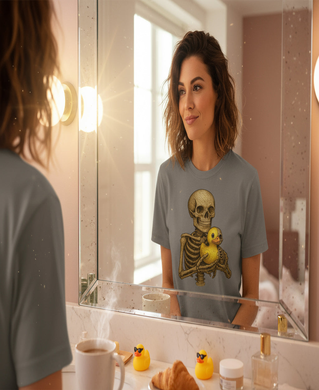 Skeleton with Half-Skeleton Rubber Duck Graphic Tee – Dark Humor Unisex T-Shirt