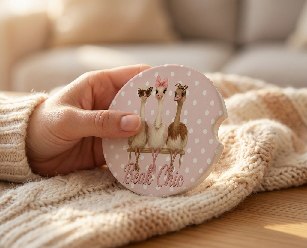 Beak Chic – Ceramic Car Coasters (2-Pack or 4-Pack) Pink Polka Dot Ostrich Design