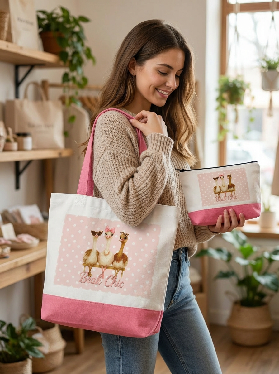 Beak Chic Polka Dot Bundle – Tote + Makeup Bag Set (Choose Pink or Black Bottom)