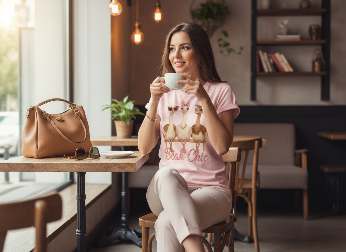 Beak Chic Ostrich Trio Graphic Tee – Women’s Farm Chic T-Shirt