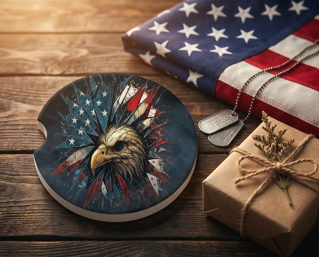 Shattered Glass Eagle – Ceramic Car Coaster (Patriotic Skull Eagle Design)