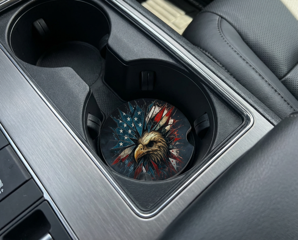 Shattered Glass Eagle – Ceramic Car Coaster (Patriotic Skull Eagle Design)