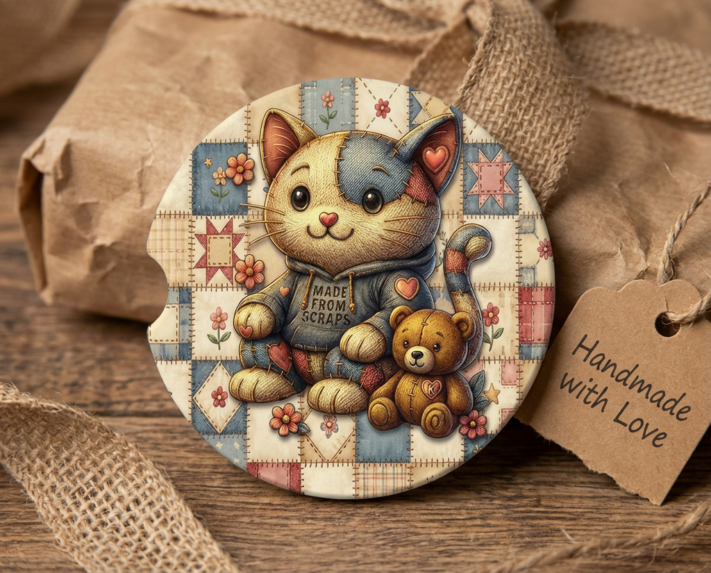 K-Bear’s Patchwork Kitty – Ceramic Car Coaster “Made from Scraps” Cat & Bear Design