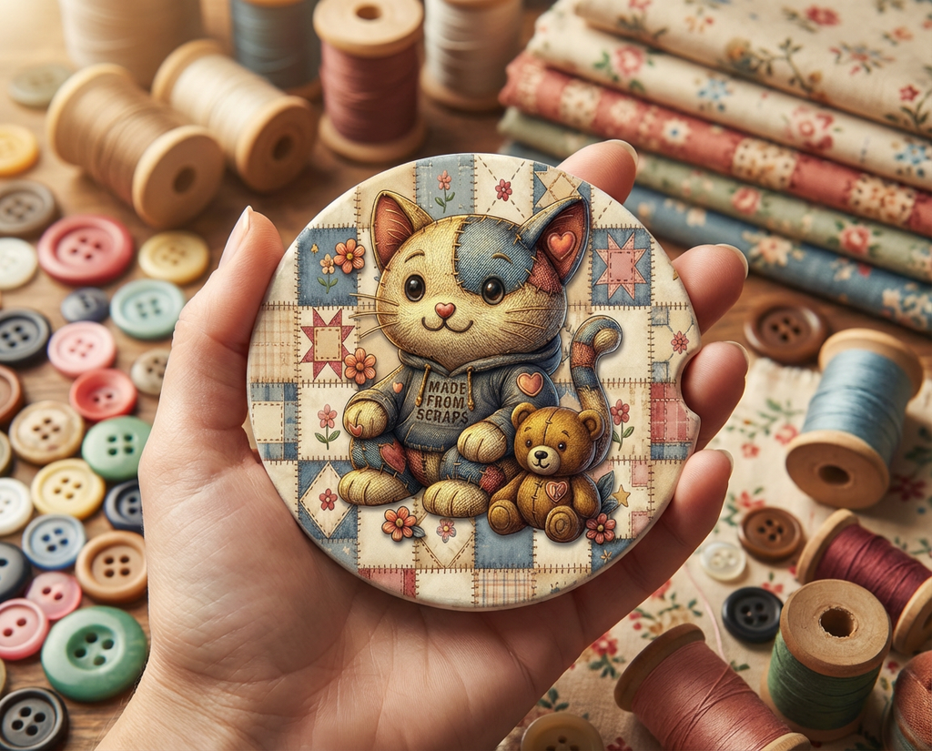 K-Bear’s Patchwork Kitty – Ceramic Car Coaster “Made from Scraps” Cat & Bear Design