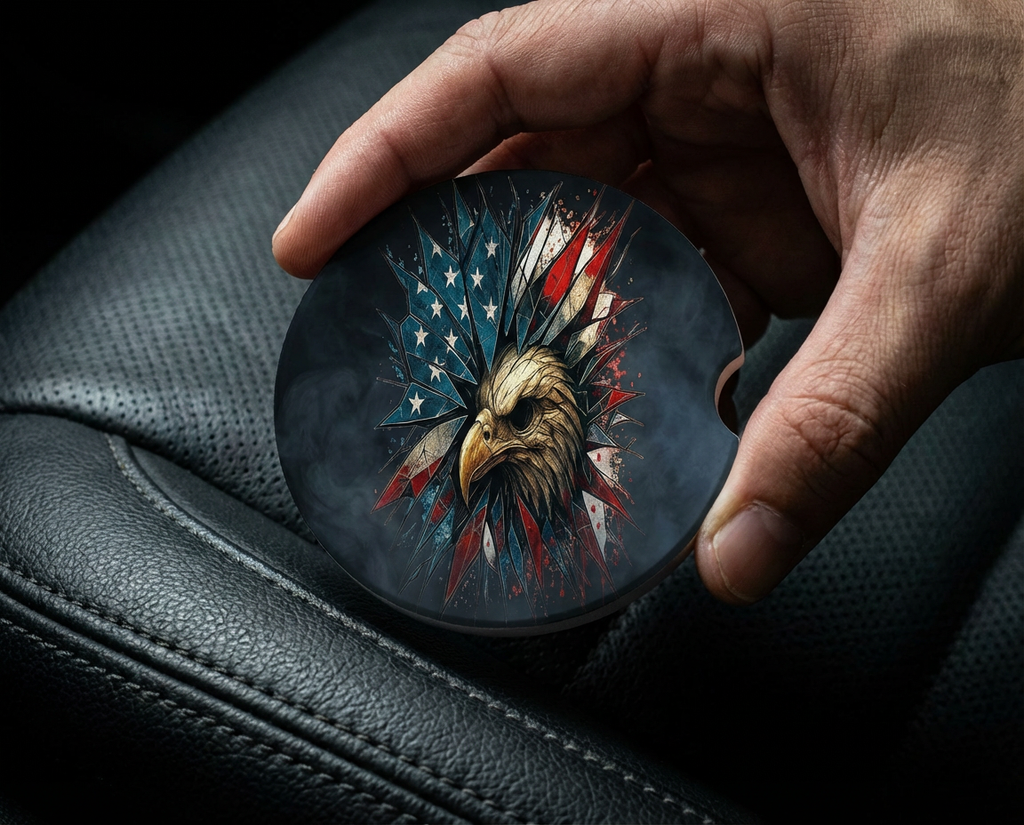 Shattered Glass Eagle – Ceramic Car Coaster (Patriotic Skull Eagle Design)