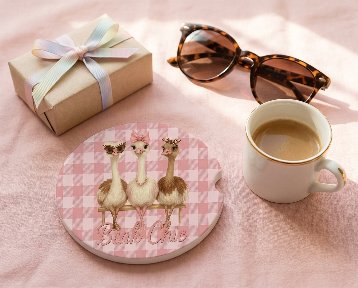 Beak Chic – Gingham Ceramic Car Coasters (2-Pack or 4-Pack) Pink Plaid Ostrich Design