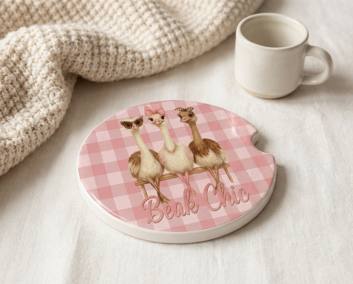 Beak Chic – Gingham Ceramic Car Coasters (2-Pack or 4-Pack) Pink Plaid Ostrich Design