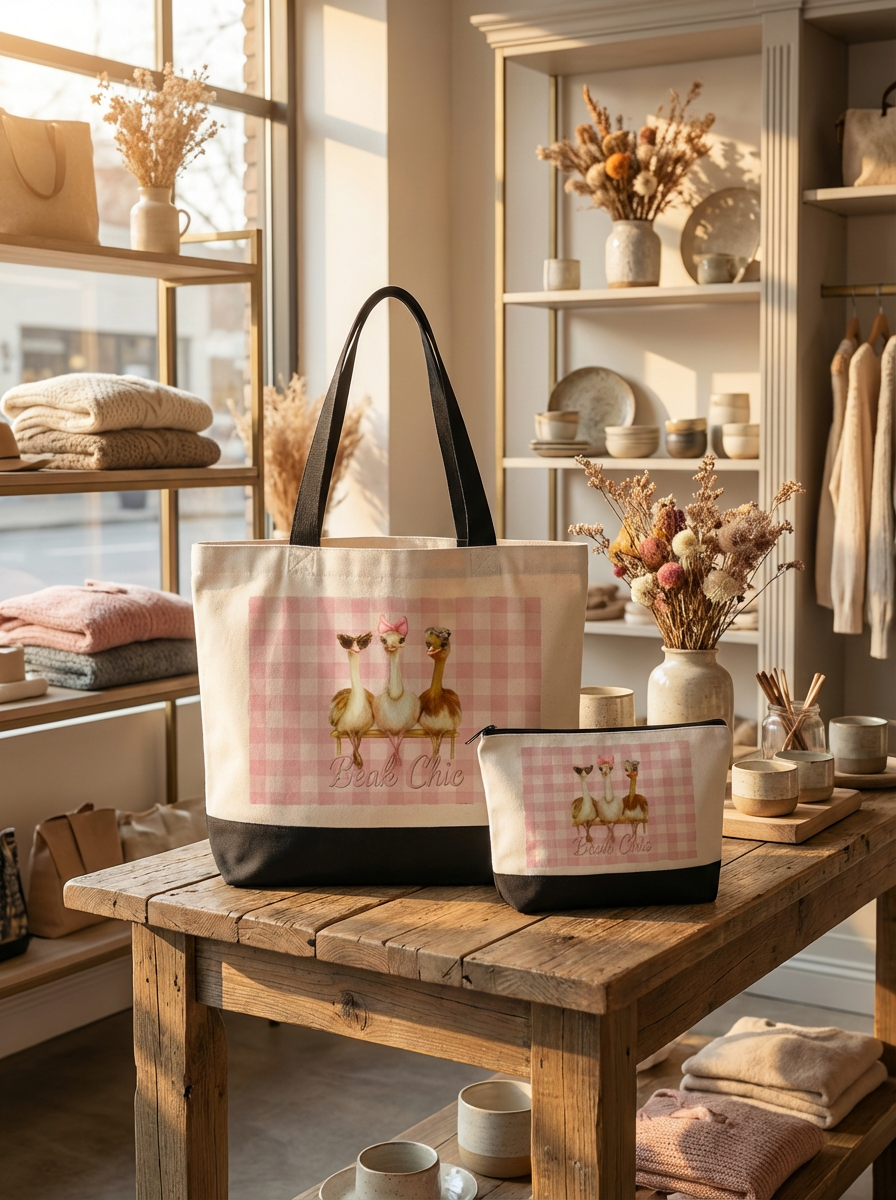 Beak Chic Gingham Bundle – Tote + Makeup Bag Set (Black or Lavender Base)