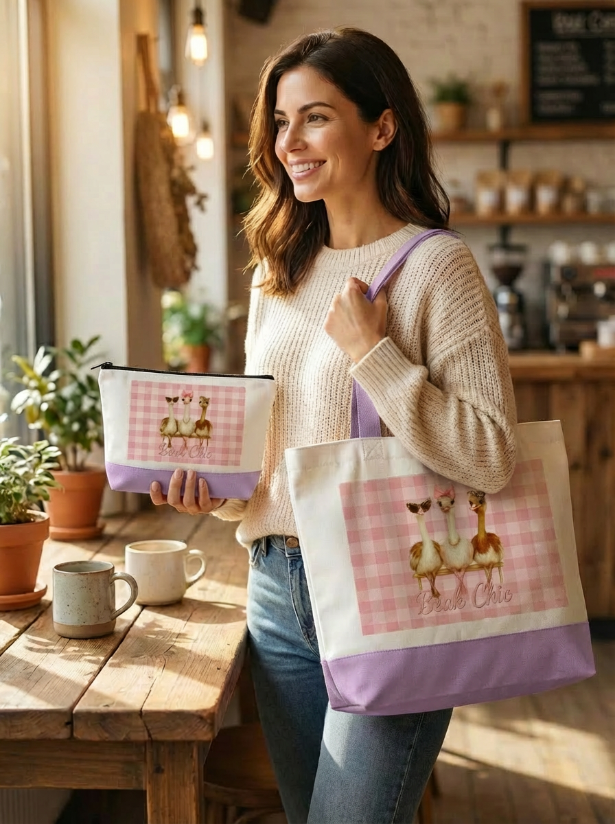 Beak Chic Gingham Bundle – Tote + Makeup Bag Set (Black or Lavender Base)