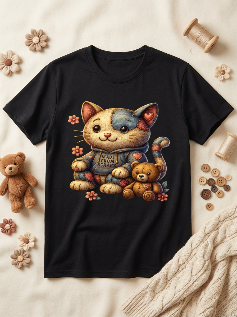 Patchwork Cat Graphic T-Shirt with “K” Bear | Cat Lover Tee