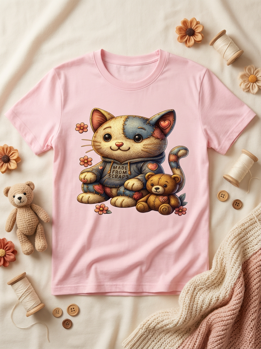 Patchwork Cat Kids T-Shirt  Cute Cat & Bear Graphic | Kids Animal Tee | Boutique Children’s Shirt