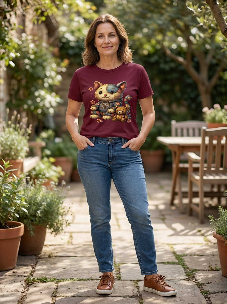 Patchwork Cat Graphic T-Shirt with “K” Bear | Cat Lover Tee