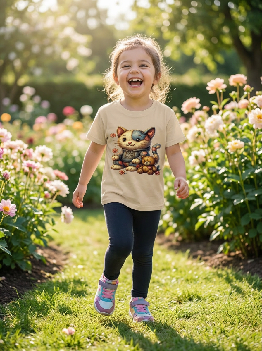 Patchwork Cat Kids T-Shirt  Cute Cat & Bear Graphic | Kids Animal Tee | Boutique Children’s Shirt
