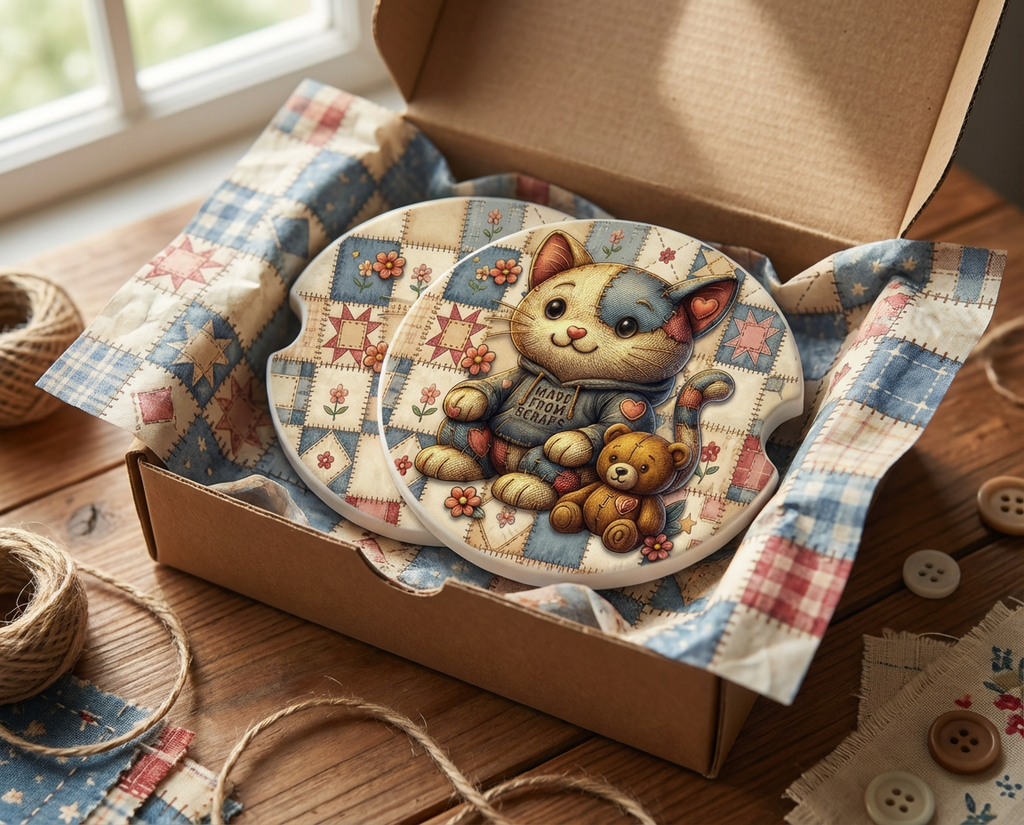 K-Bear’s Patchwork Kitty – Ceramic Car Coaster “Made from Scraps” Cat & Bear Design