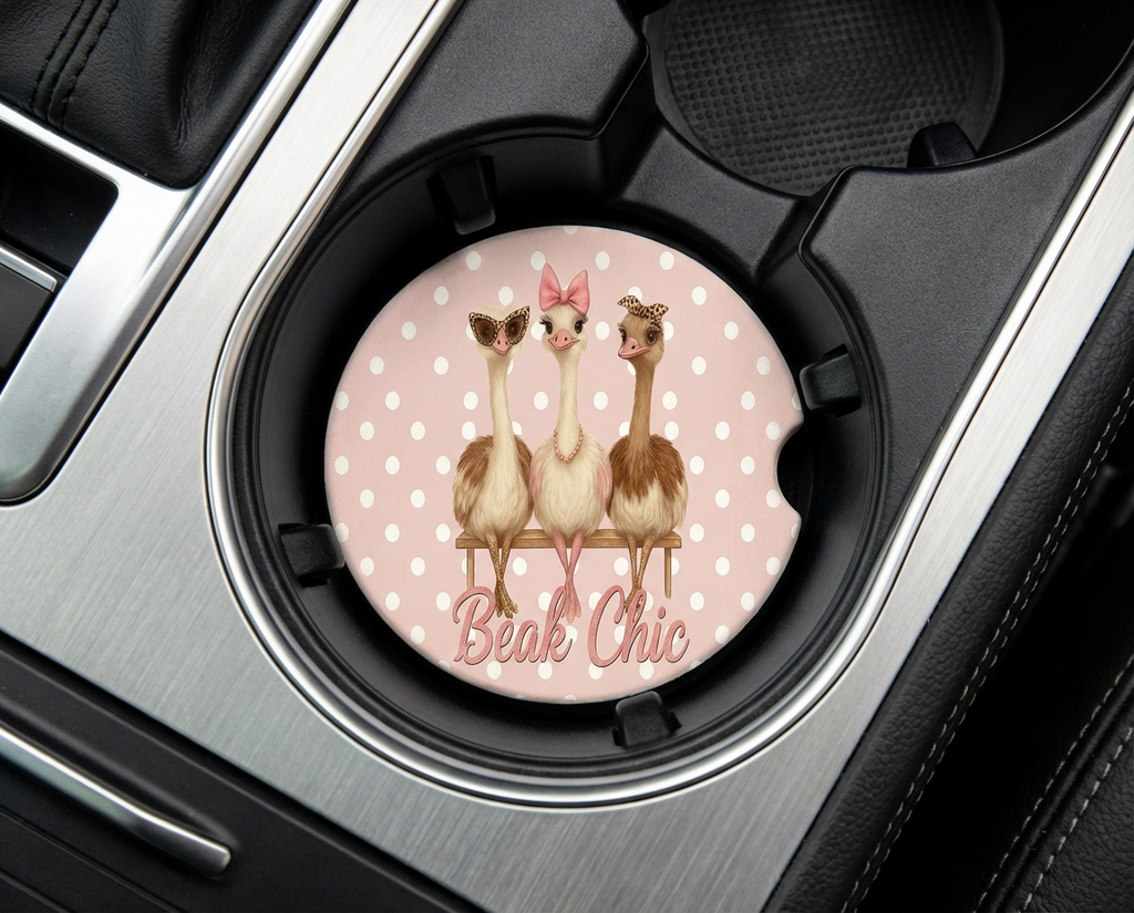 Beak Chic – Ceramic Car Coasters (2-Pack or 4-Pack) Pink Polka Dot Ostrich Design