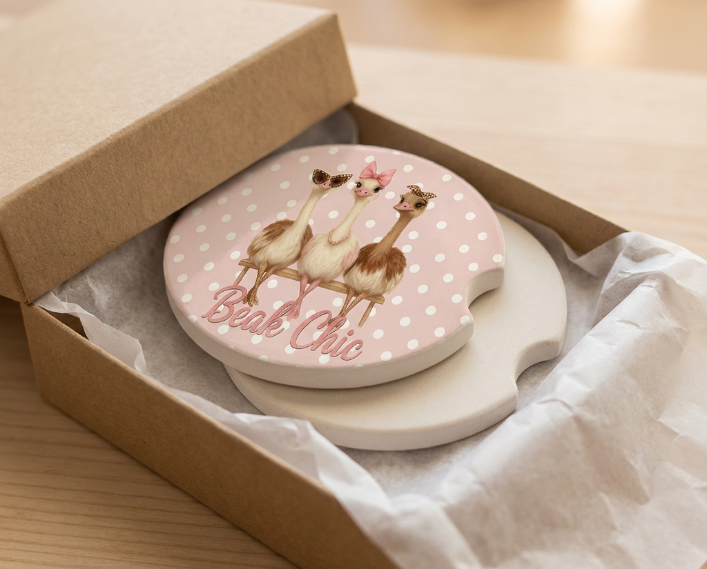 Beak Chic – Ceramic Car Coasters (2-Pack or 4-Pack) Pink Polka Dot Ostrich Design