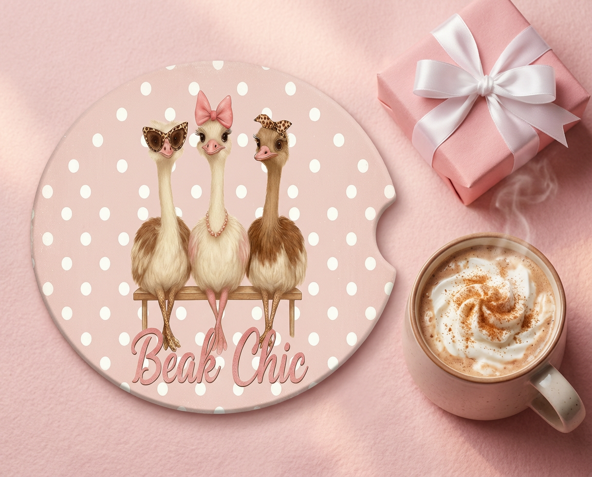 Beak Chic – Ceramic Car Coasters (2-Pack or 4-Pack) Pink Polka Dot Ostrich Design