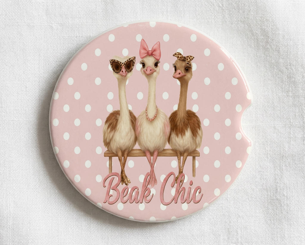 Beak Chic – Ceramic Car Coasters (2-Pack or 4-Pack) Pink Polka Dot Ostrich Design