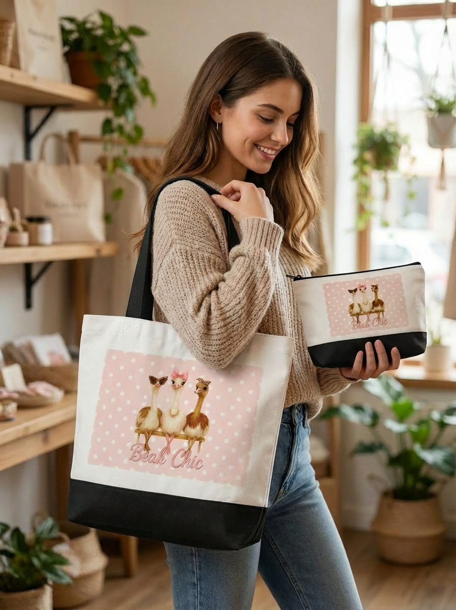 Beak Chic Polka Dot Bundle – Tote + Makeup Bag Set (Choose Pink or Black Bottom)