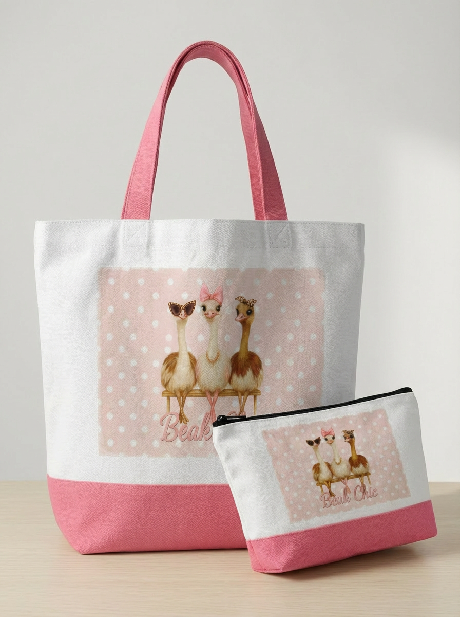 Beak Chic Polka Dot Bundle – Tote + Makeup Bag Set (Choose Pink or Black Bottom)