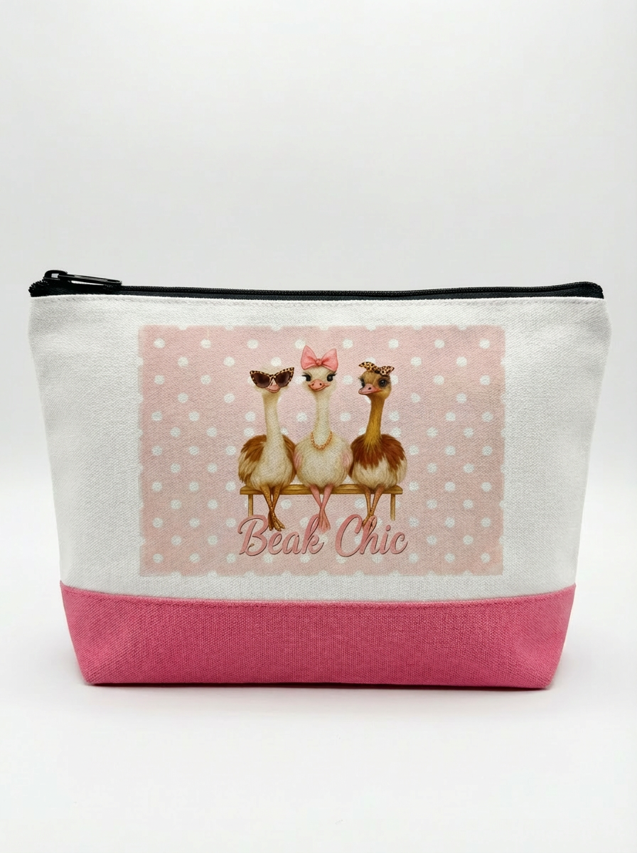 Beak Chic – Pink Polka Dot Ostrich Makeup Bag (Pink & Black Bottom Edition)