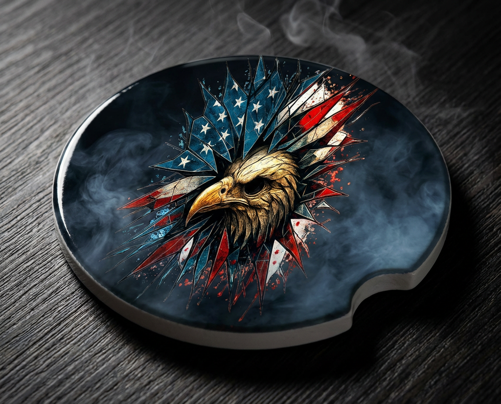 Shattered Glass Eagle – Ceramic Car Coaster (Patriotic Skull Eagle Design)