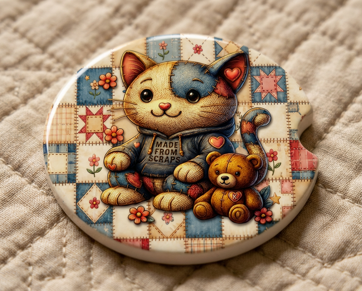 K-Bear’s Patchwork Kitty – Ceramic Car Coaster “Made from Scraps” Cat & Bear Design