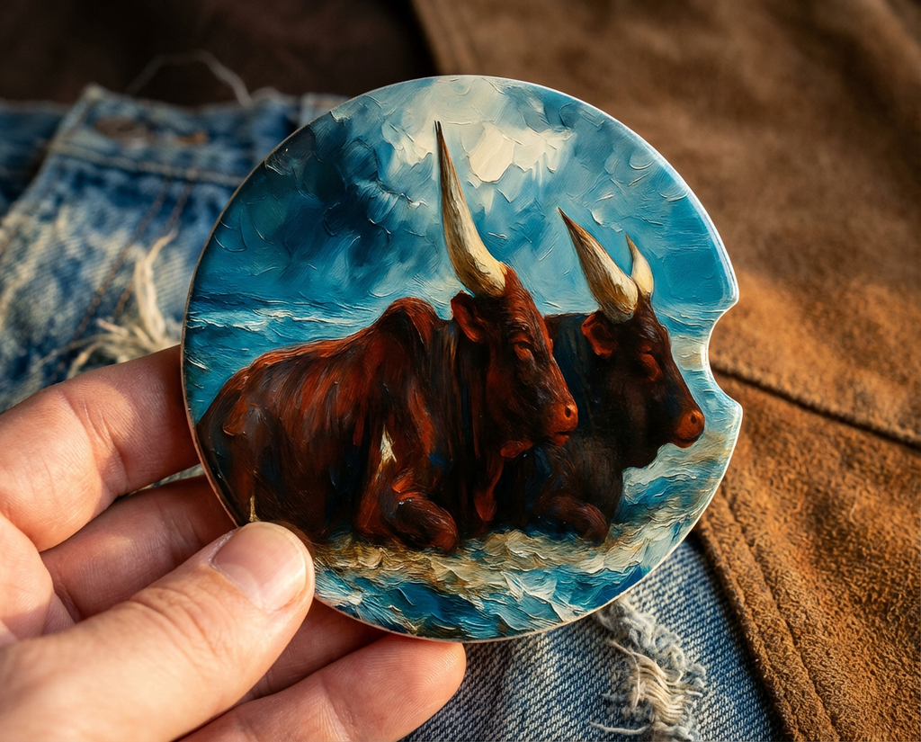 Watusi Boys – Ceramic Car Coaster (Original Ranch Photo Art)