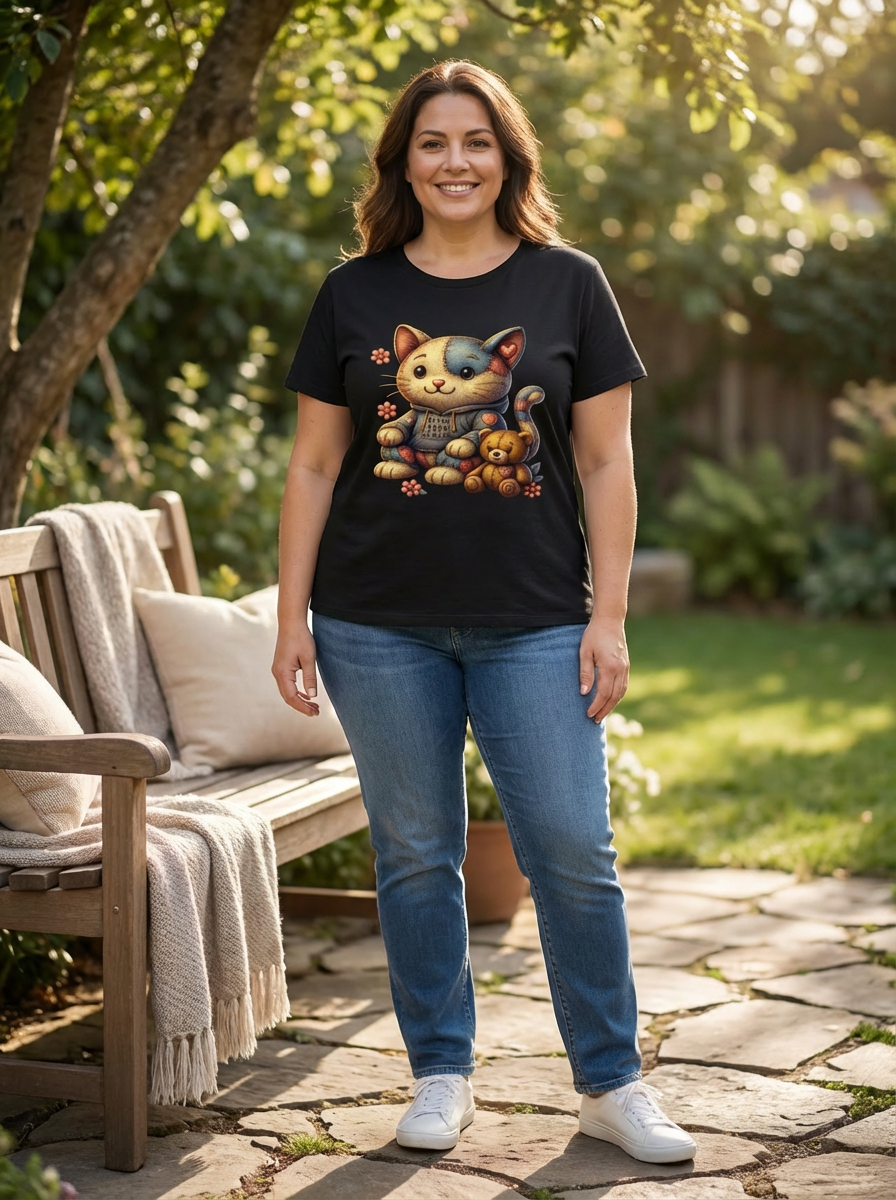 Patchwork Cat Graphic T-Shirt with “K” Bear | Cat Lover Tee