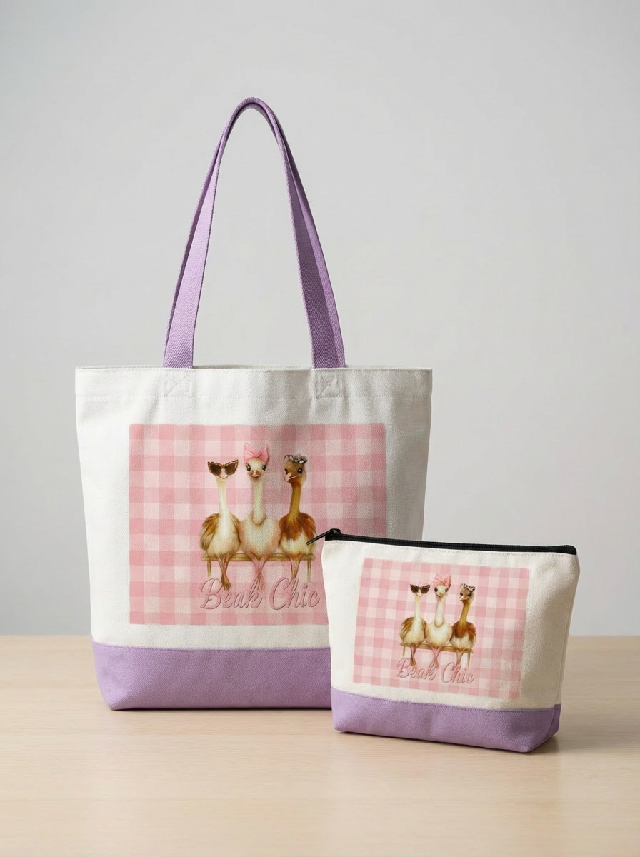Beak Chic Gingham Bundle – Tote + Makeup Bag Set (Black or Lavender Base)