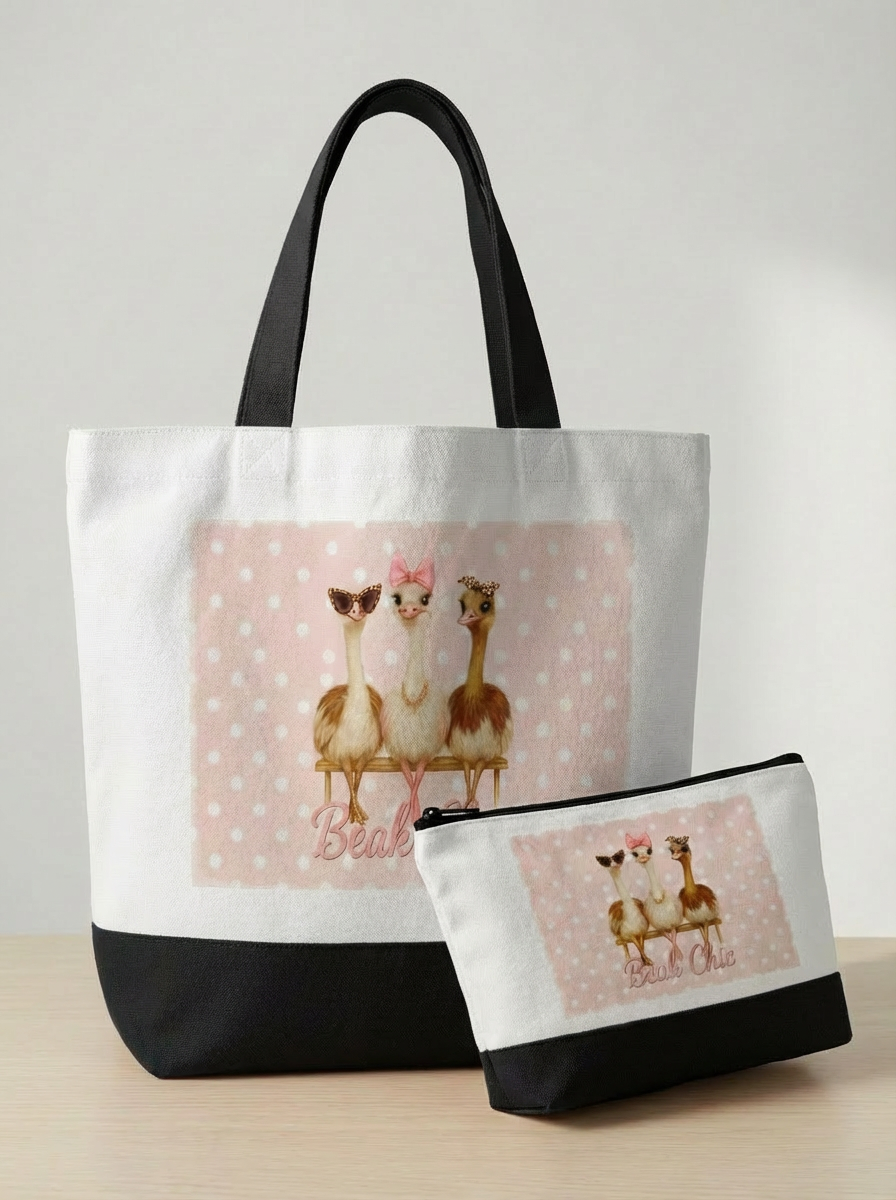 Beak Chic Polka Dot Bundle – Tote + Makeup Bag Set (Choose Pink or Black Bottom)