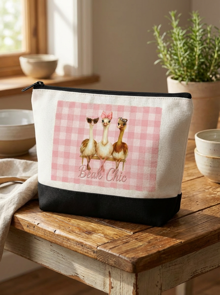 Beak Chic – Pink Gingham Ostrich Makeup Bag Only(Black & Lavender Bottom Edition)