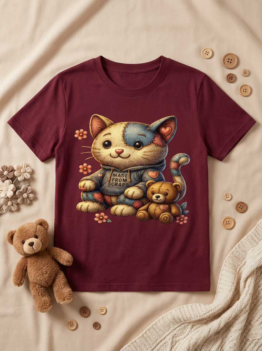 Patchwork Cat Graphic T-Shirt with “K” Bear | Cat Lover Tee