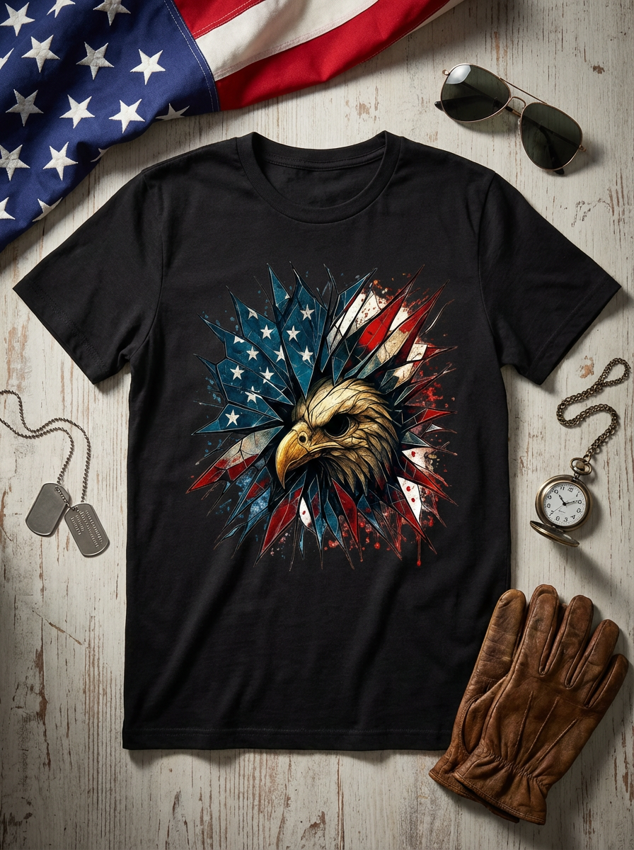 Skeleton Eagle Shattered Glass Patriotic Graphic Tee – Unisex Freedom T-Shirt