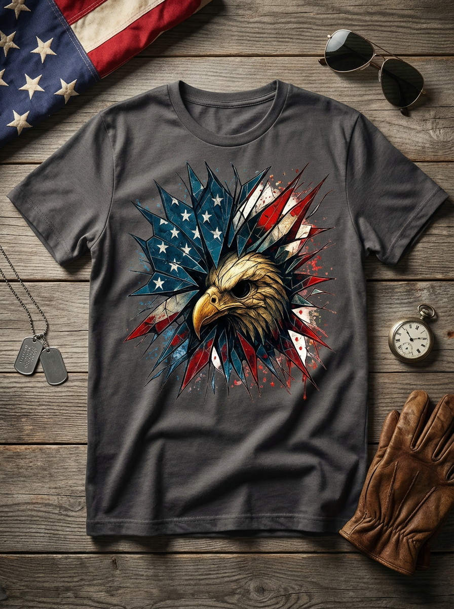 Skeleton Eagle Shattered Glass Patriotic Graphic Tee – Unisex Freedom T-Shirt