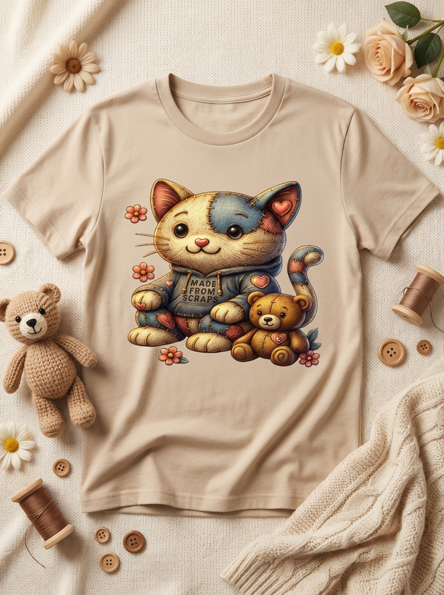 Patchwork Cat Kids T-Shirt  Cute Cat & Bear Graphic | Kids Animal Tee | Boutique Children’s Shirt