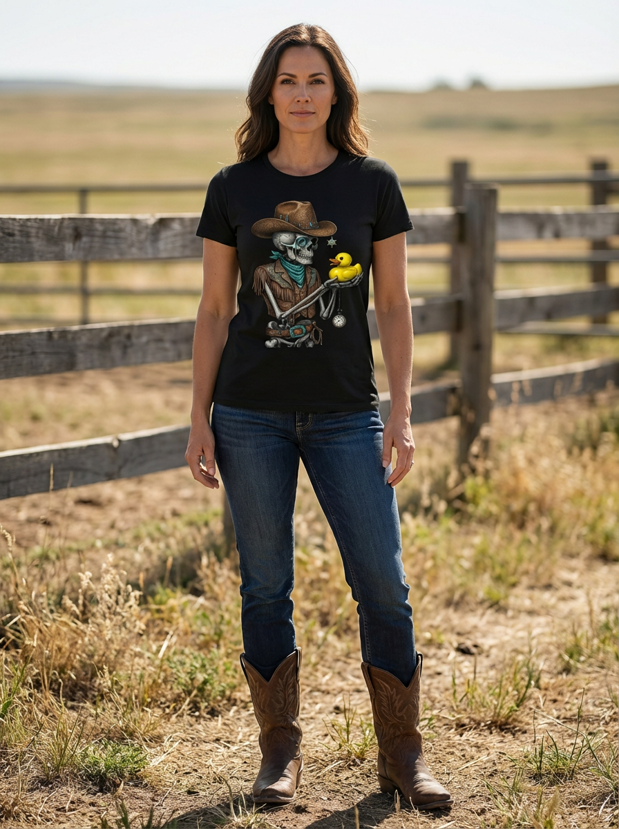 Cowboy Skeleton & Rubber Duck Graphic Tee – Western Skull Unisex T-Shirt
