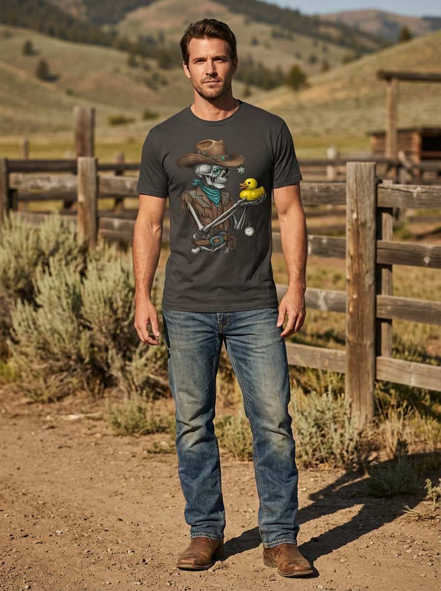 Cowboy Skeleton & Rubber Duck Graphic Tee – Western Skull Unisex T-Shirt