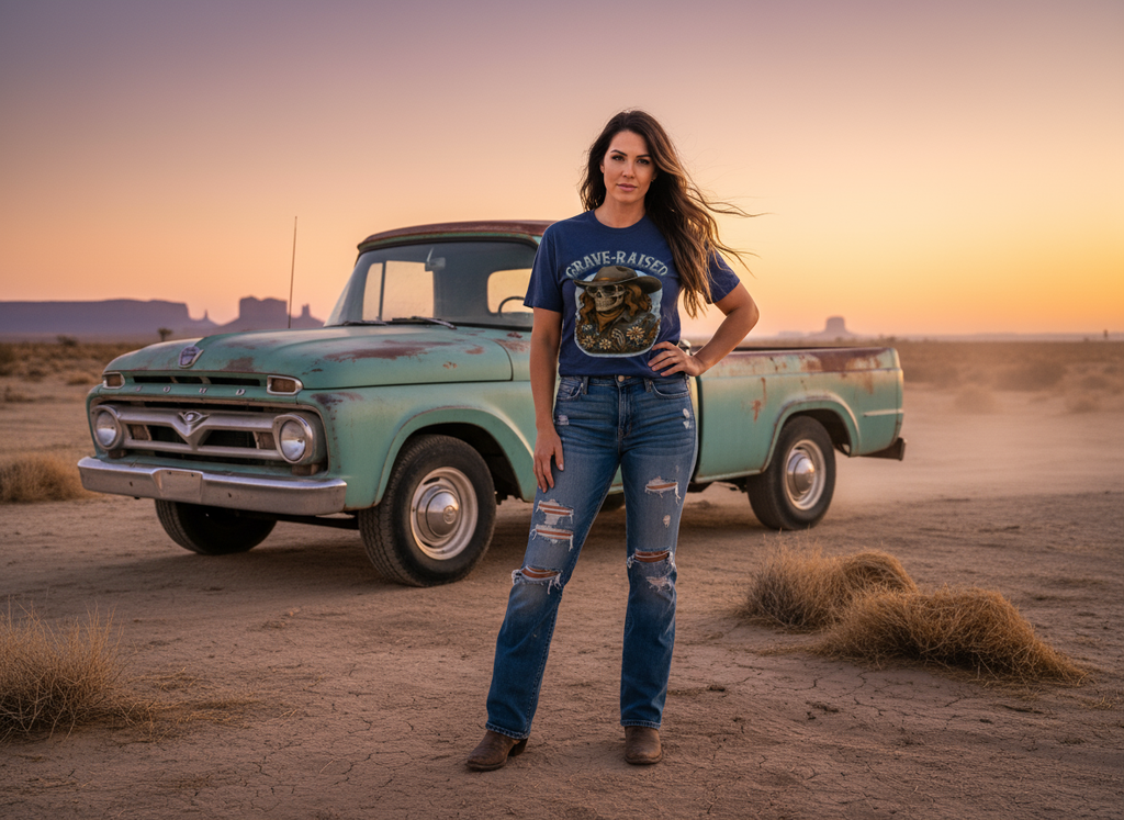 Grave-Raised Graphic Tee – Western Skull Cowgirl Shirt | Women’s Edgy Western T-Shirt