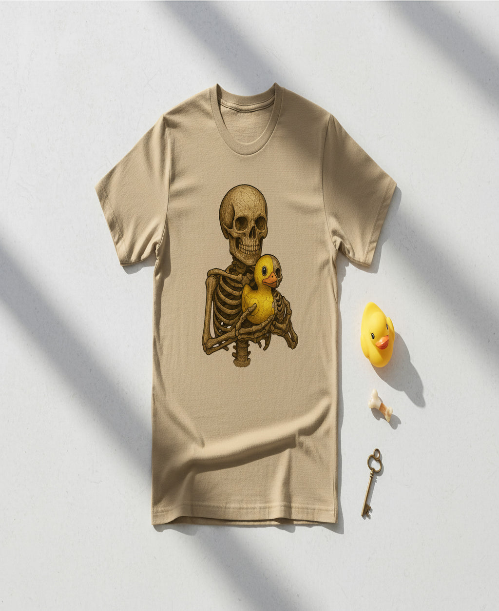 Skeleton with Half-Skeleton Rubber Duck Graphic Tee – Dark Humor Unisex T-Shirt