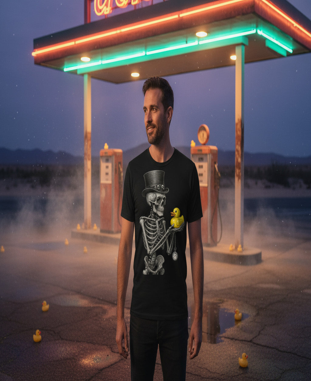 Skeleton Top Hat Graphic Tee – Quirky Gothic Duck Art Unisex T-Shirt