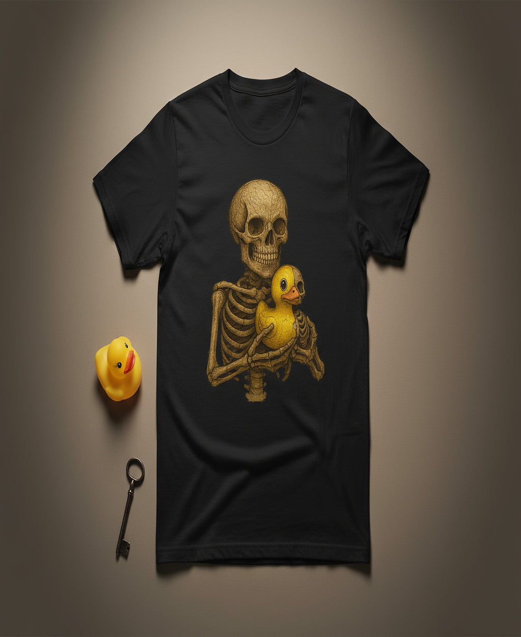 Skeleton with Half-Skeleton Rubber Duck Graphic Tee – Dark Humor Unisex T-Shirt