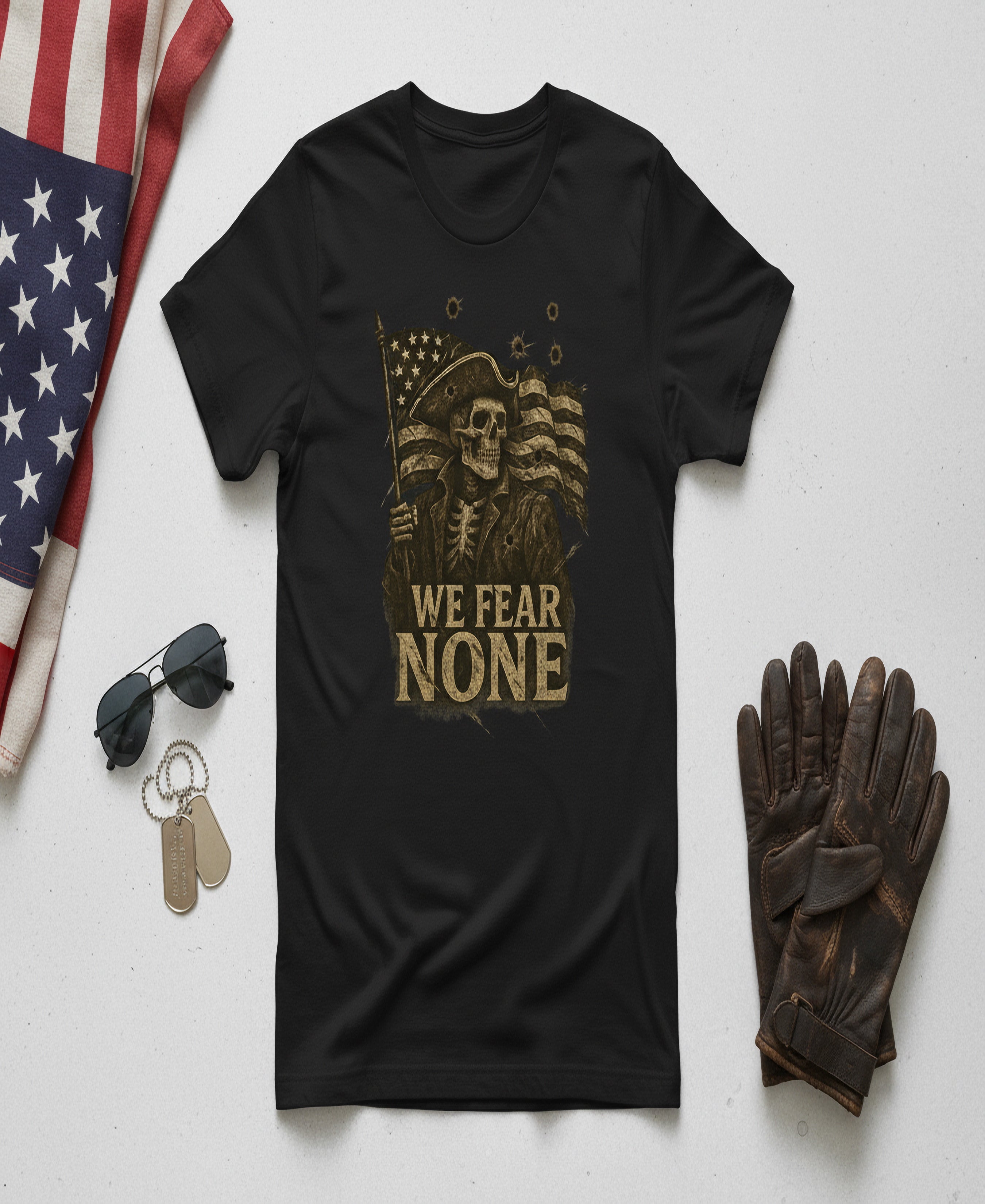 We Fear None Patriotic Graphic Tee – American Skull Flag Shirt | Unisex Freedom T-Shirt