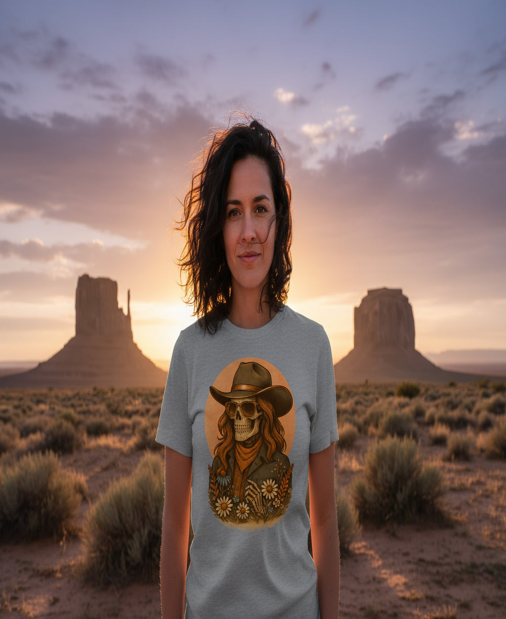 Western Cowgirl Skull Graphic Tee – Floral Desert Skull Women’s T-Shirt